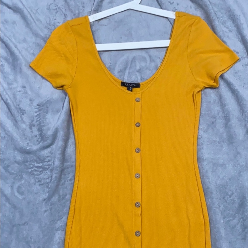 Long, mustard yellow loose, bottom down dress